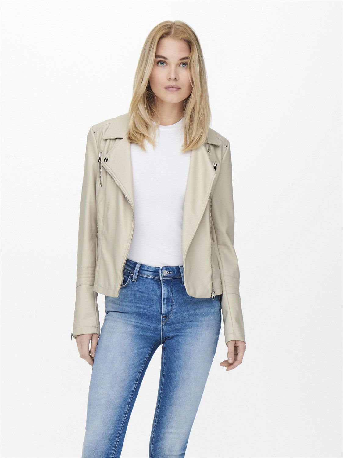 ONLY Gemma Faux Leather Biker-Silver Lining Silver Lining front view