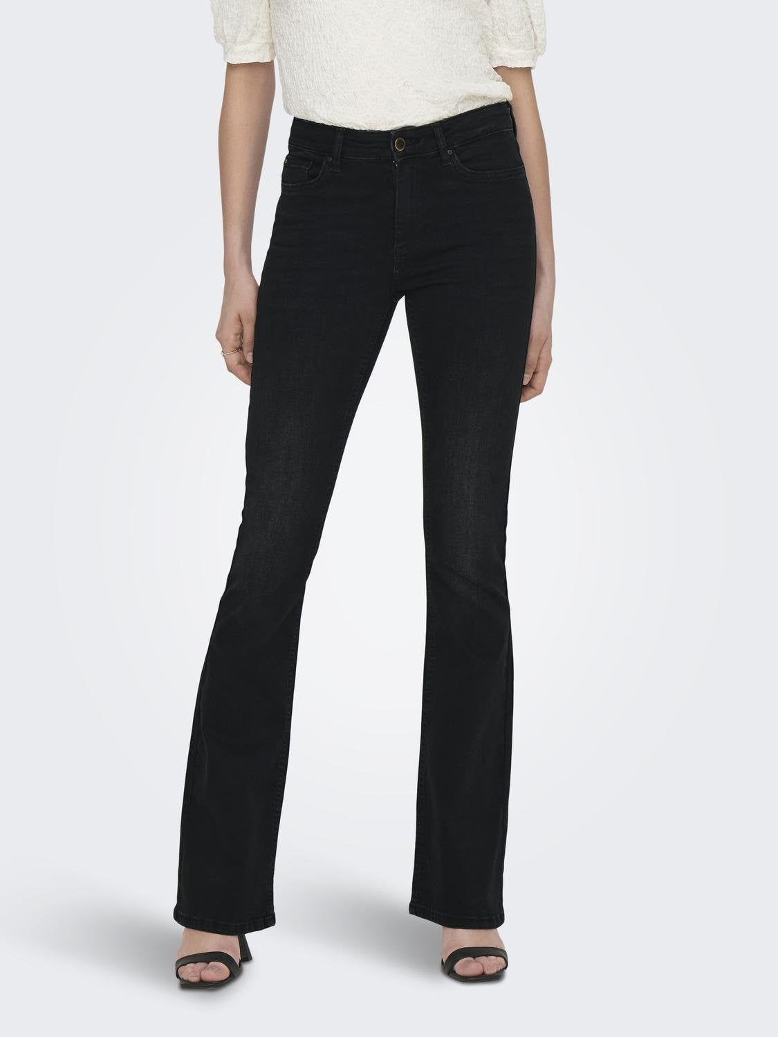 Ladies Blush Mid Flared Denim Jeans-Washed Black-Model Front View