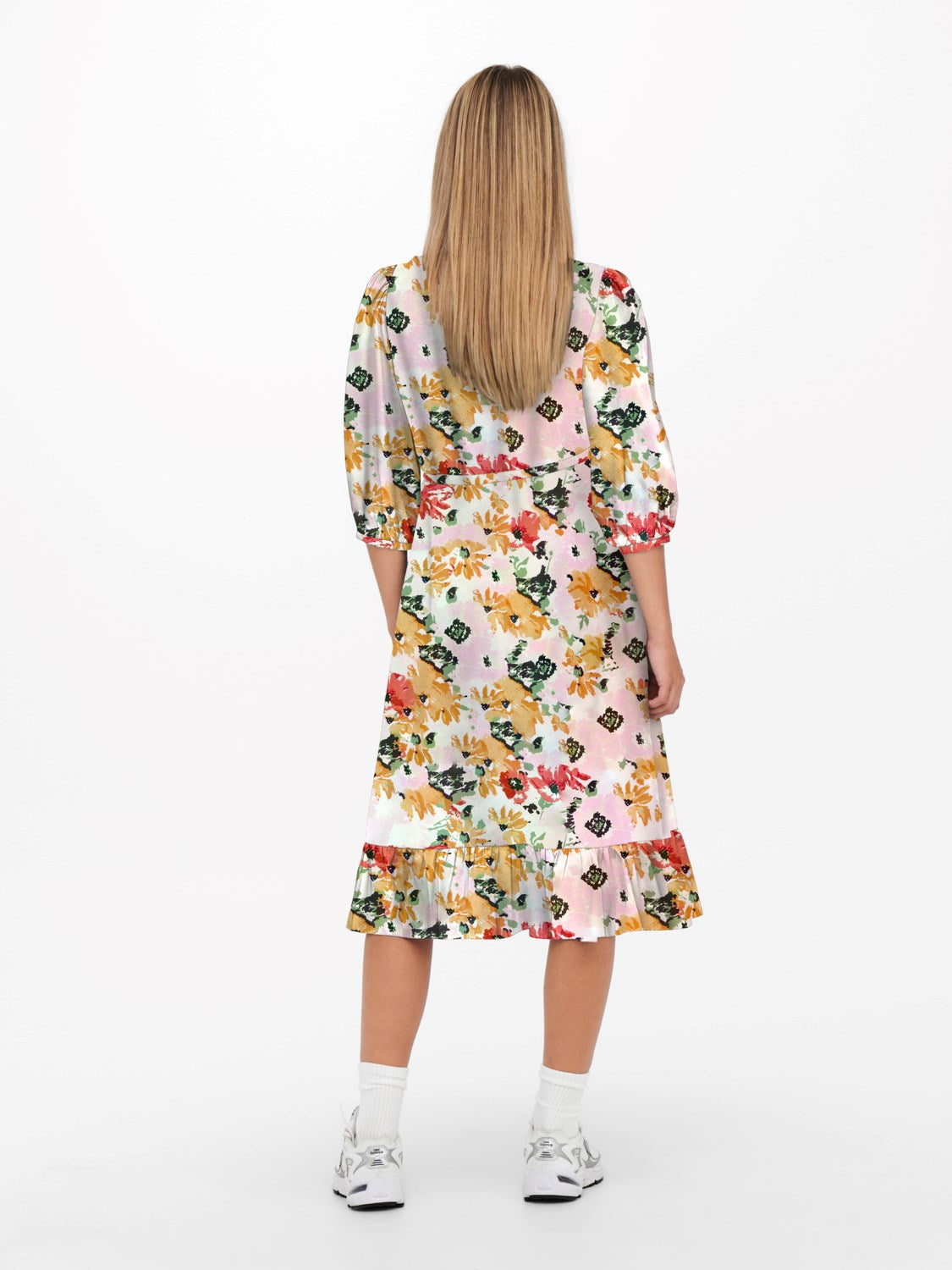 Ladies Olivia 3/4 Wrap Midi Dress-Cloud Dancer-Model Back View