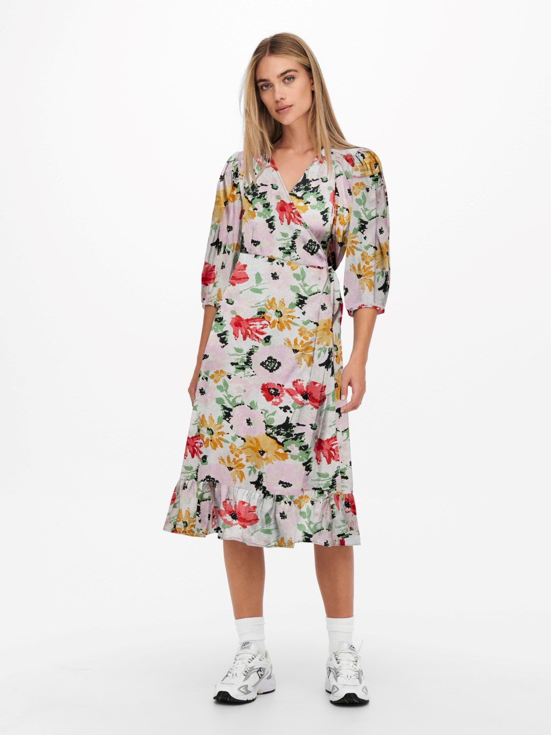 Ladies Olivia 3/4 Wrap Midi Dress-Cloud Dancer-Model Front View