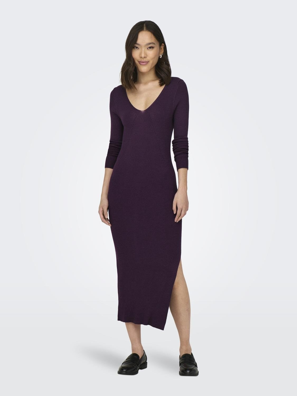 Ladies Julie Life Long Sleeve V-Neck Maxi Dress-Italian Plum-Model Front View
