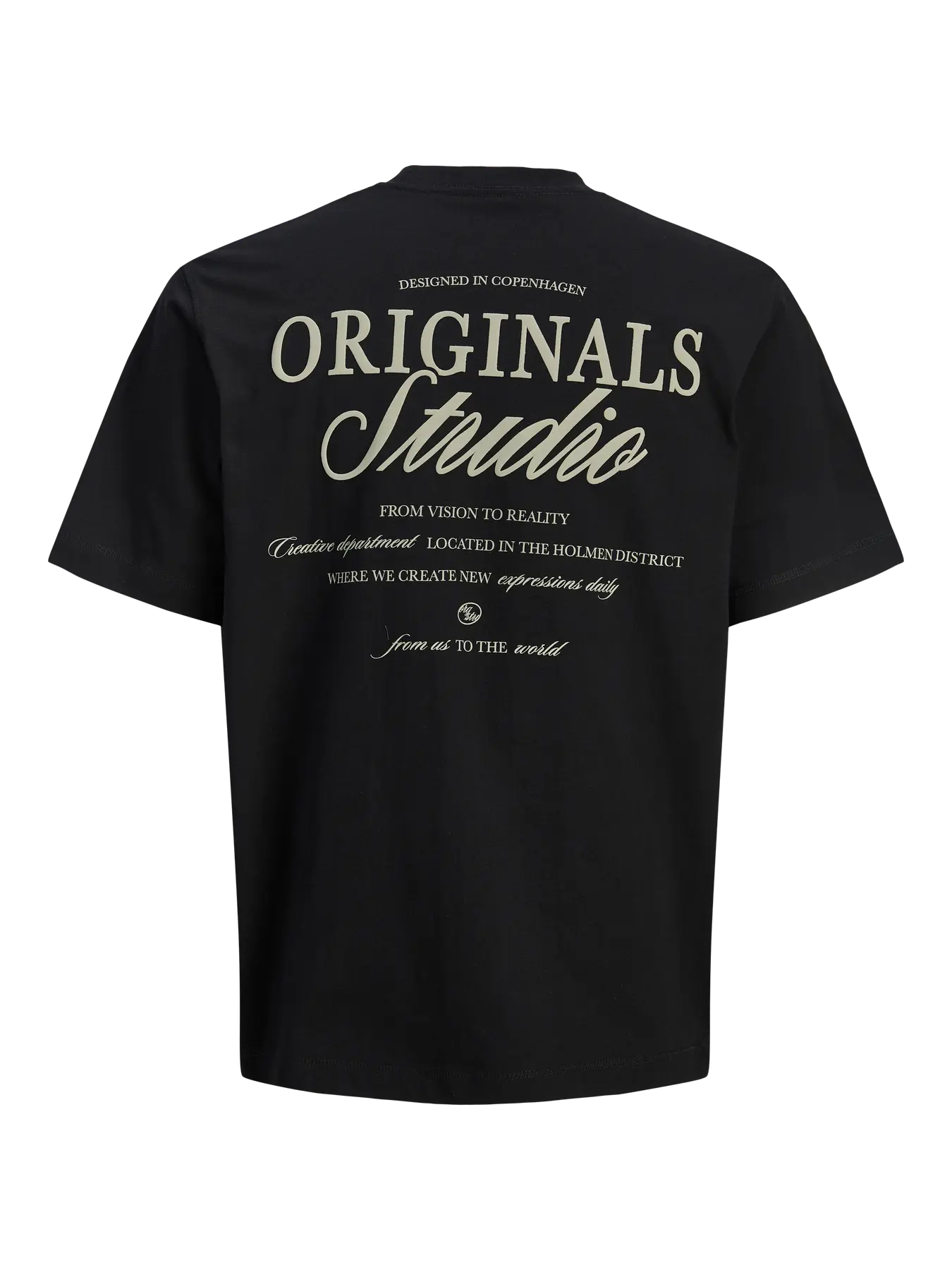 Black t-shirt with 'Originals Studio' text on a white background