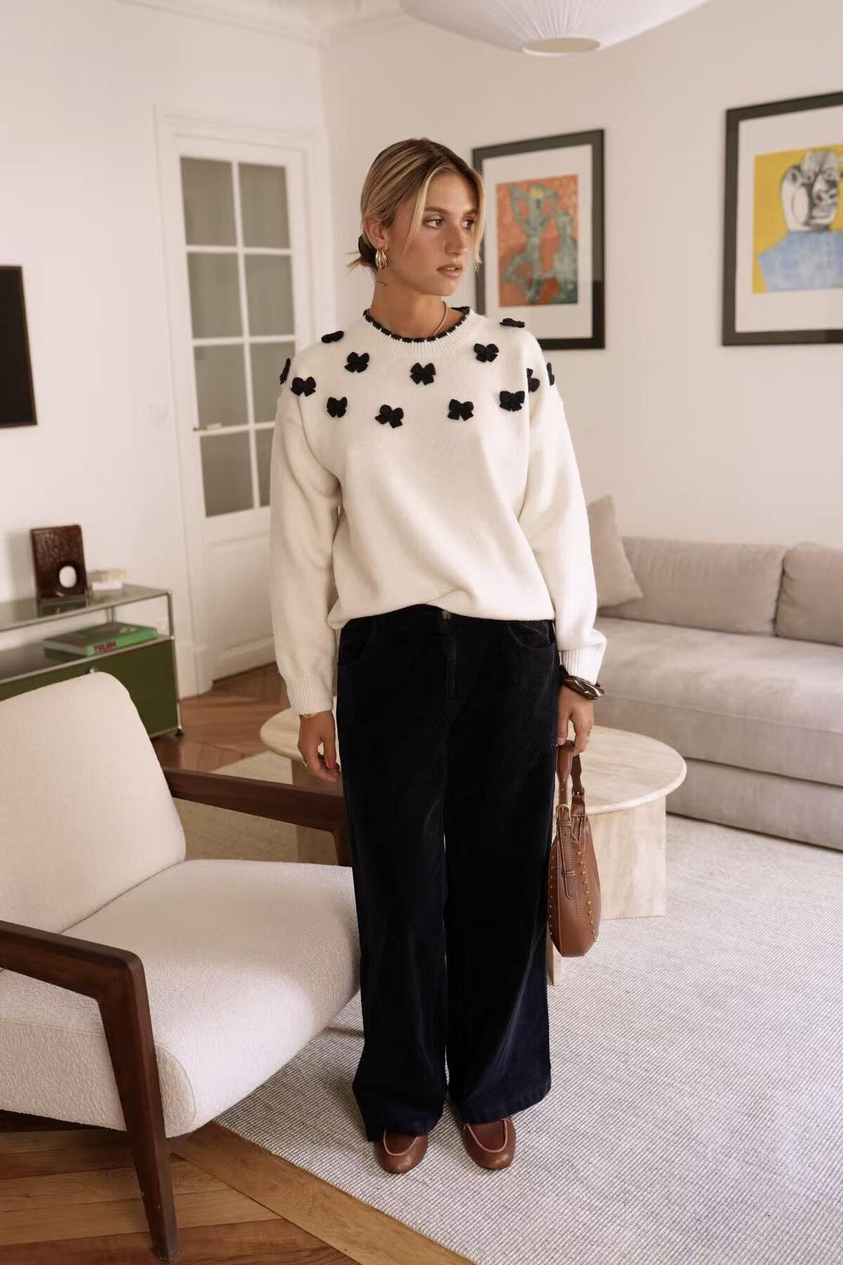 Paris Fashion Sweater with Bow Detail - Navy/White White/Navy model front view