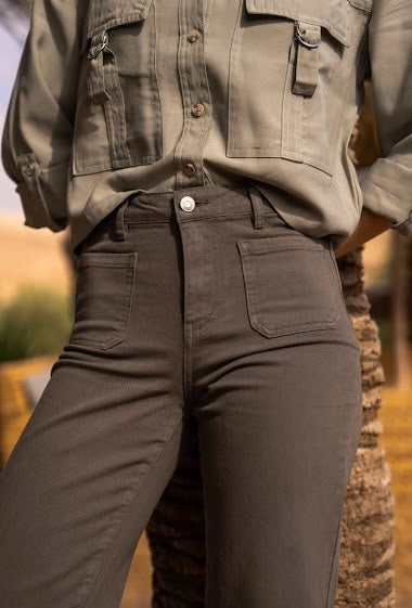 Khaki Wide Leg Trousers-Front pocket detail