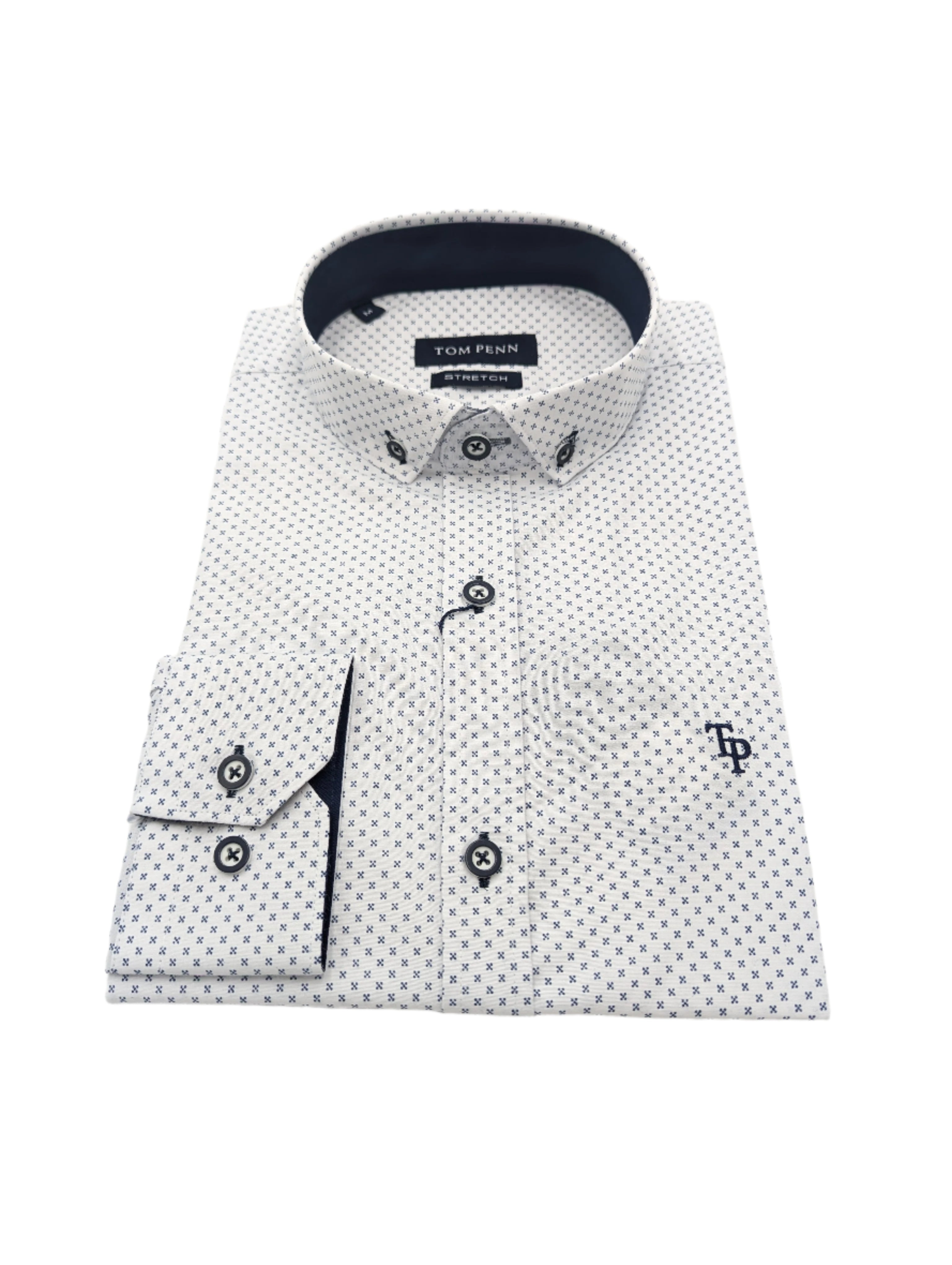 Tom Penn Slim White Navy Pattern Shirt-Collar view