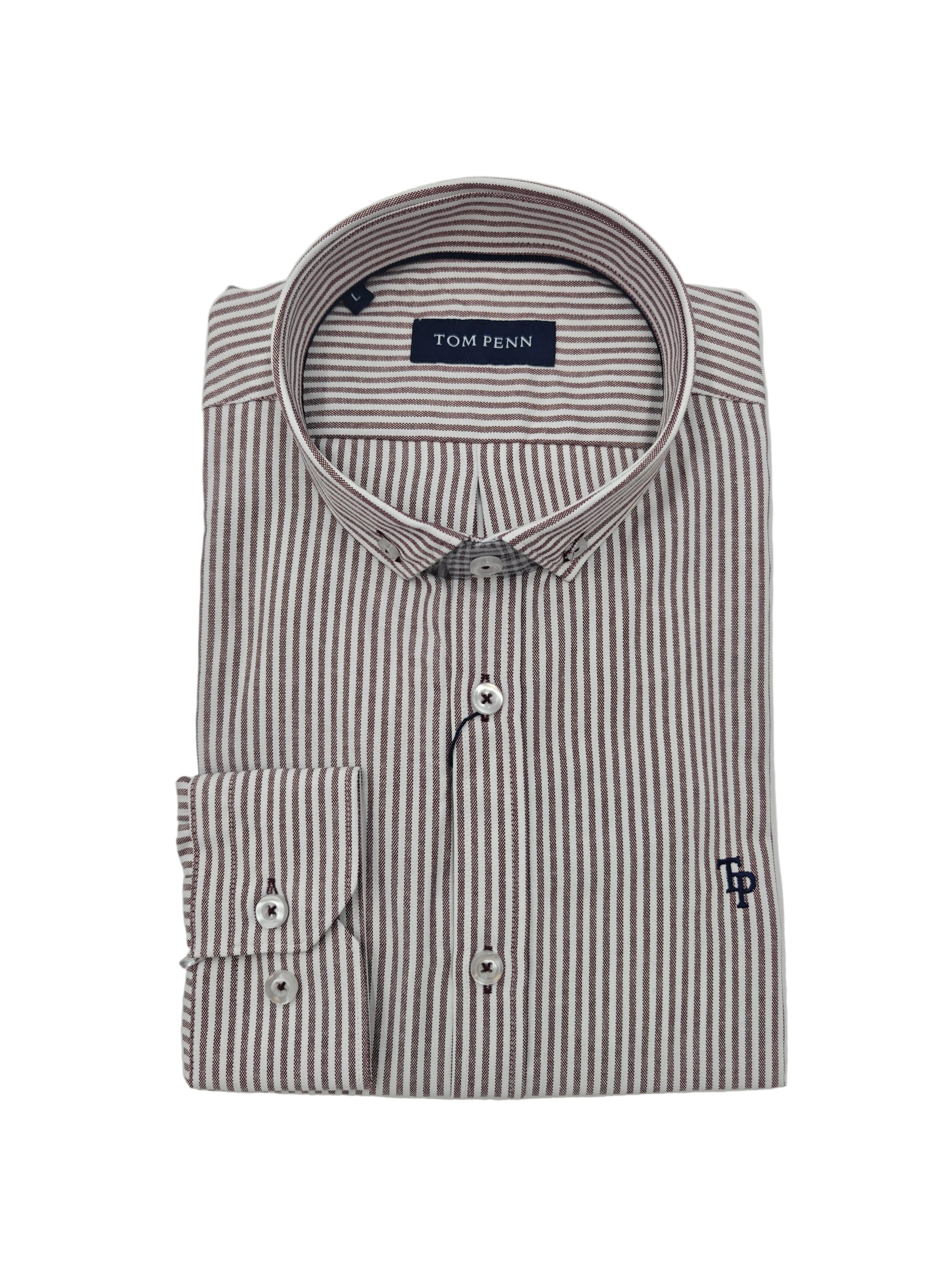 Folded front detail of Tom Penn men’s burgundy and white striped shirt with button-down collar and TP logo