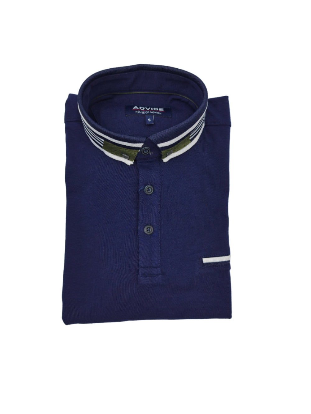Folded navy blue polo shirt with striped collar on a light gray background