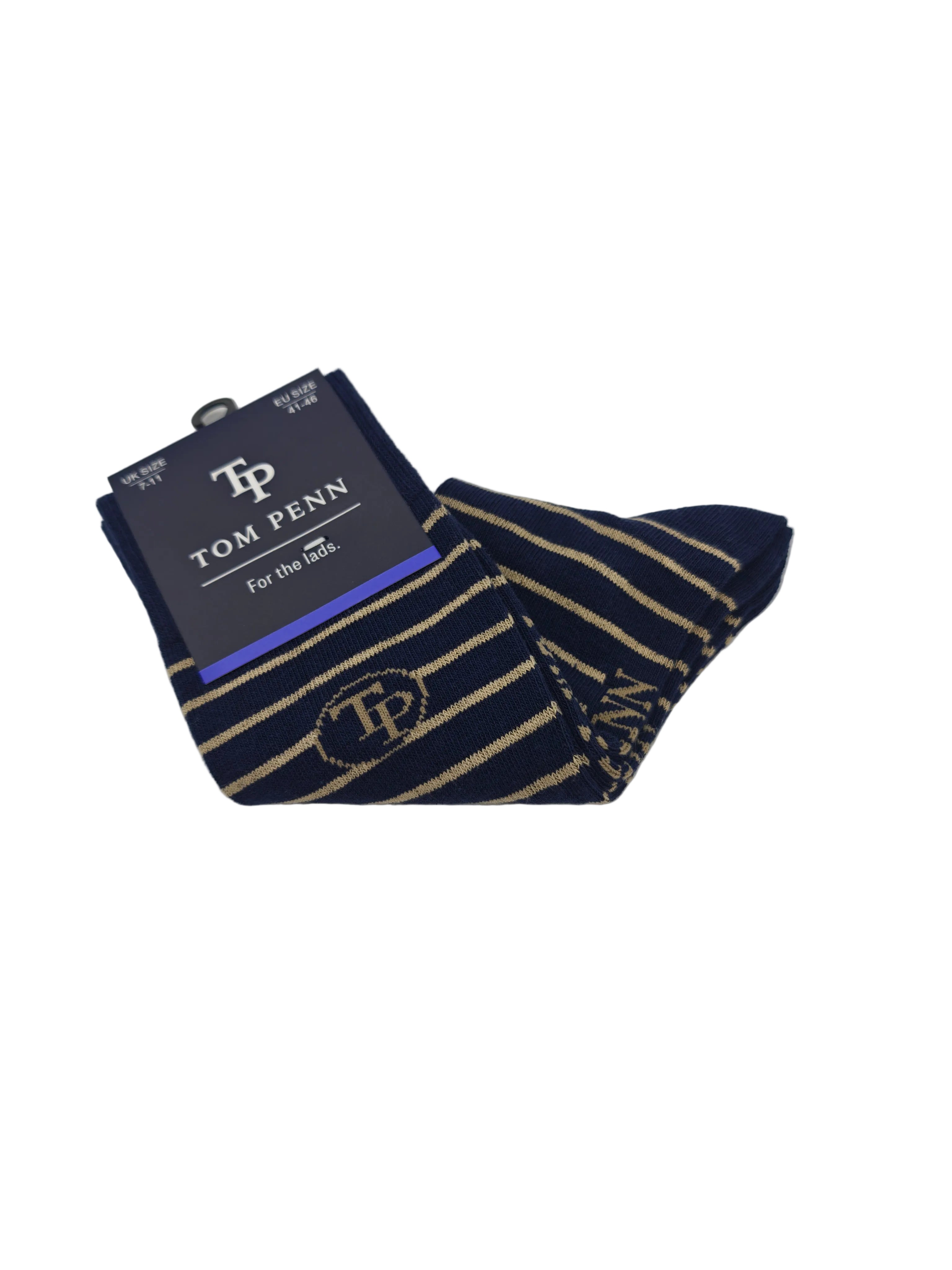 Pair of Tom Penn men’s navy and tan striped socks showing patterned leg and toe