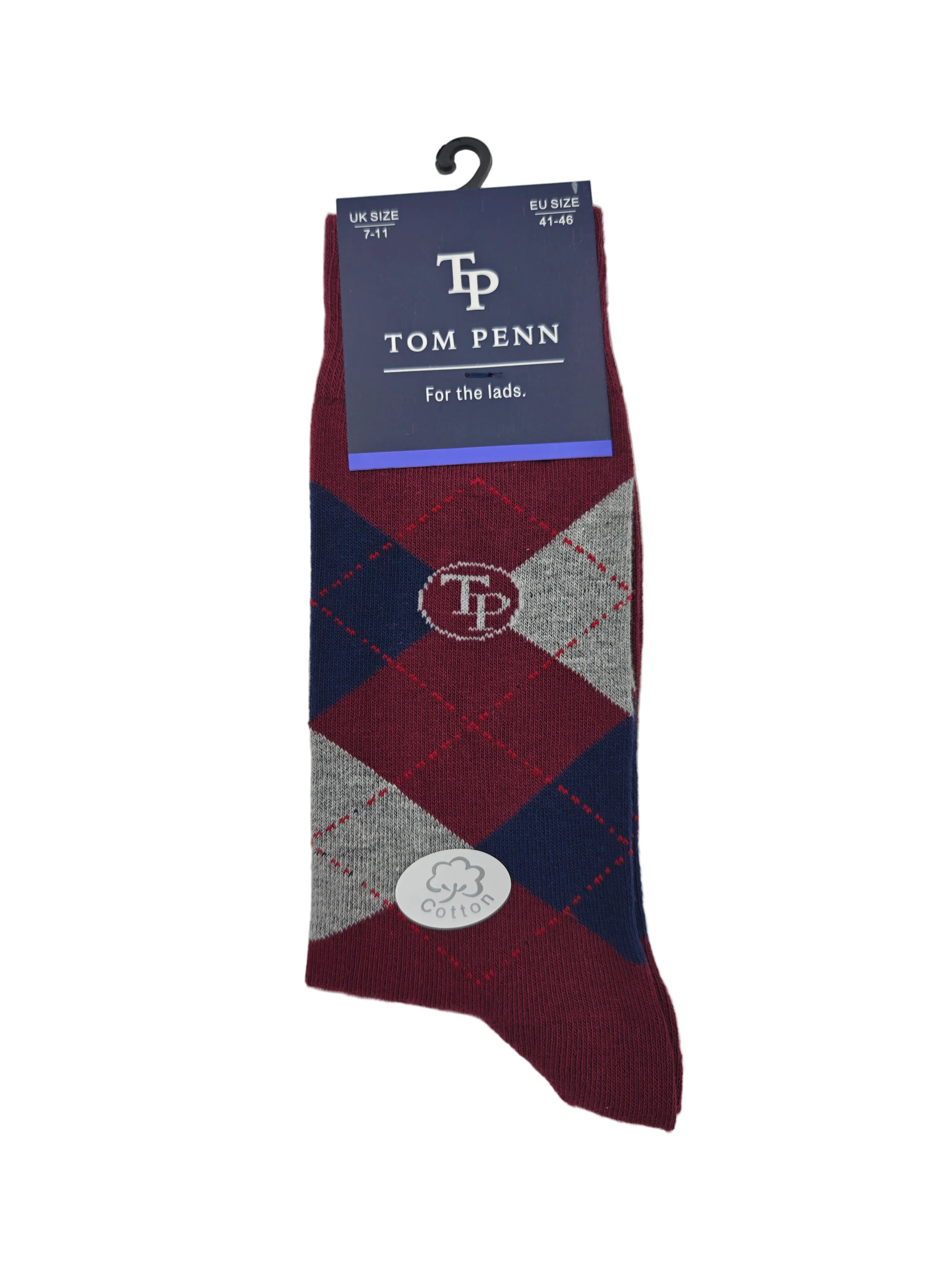 Front view of Tom Penn men’s burgundy argyle socks with navy and grey diamond pattern