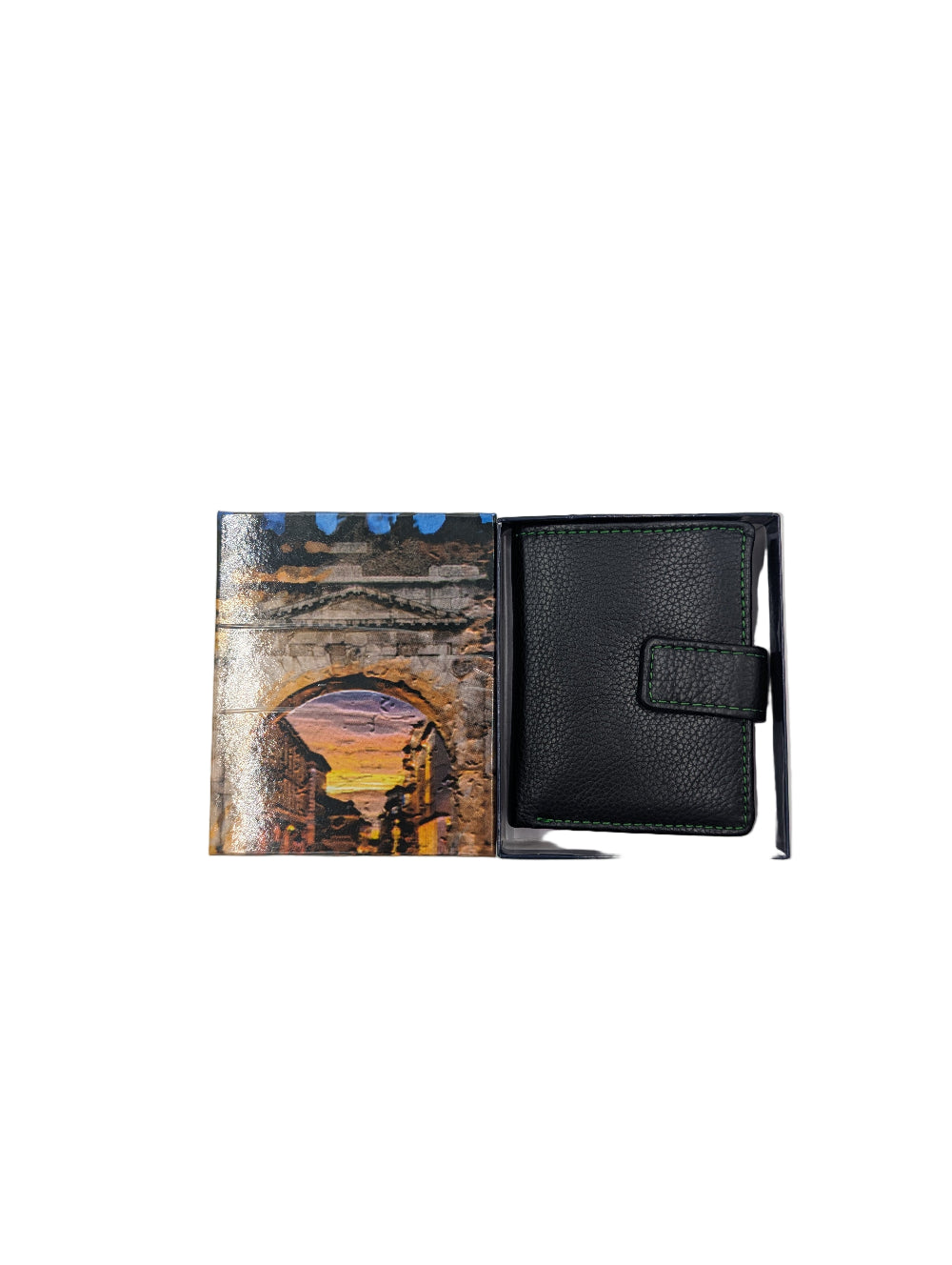 Black wallet with a scenic cover on a light gray background