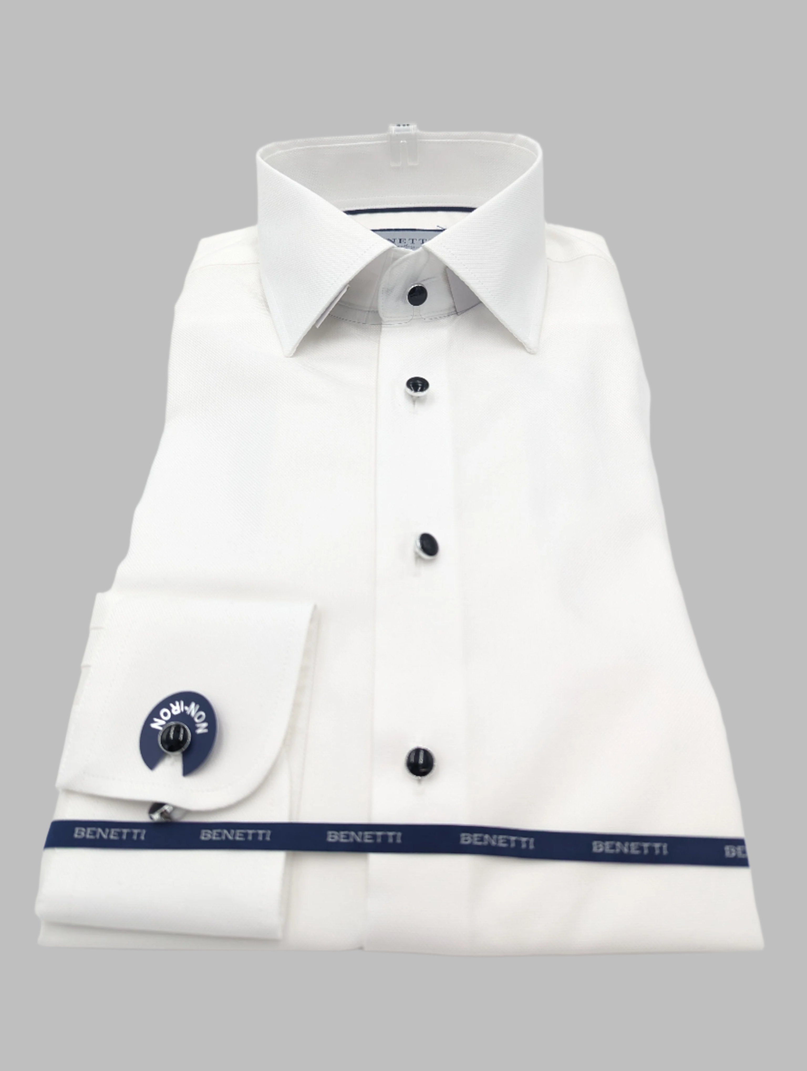 Collar detail of the William white stud button tuxedo shirt by Benetti