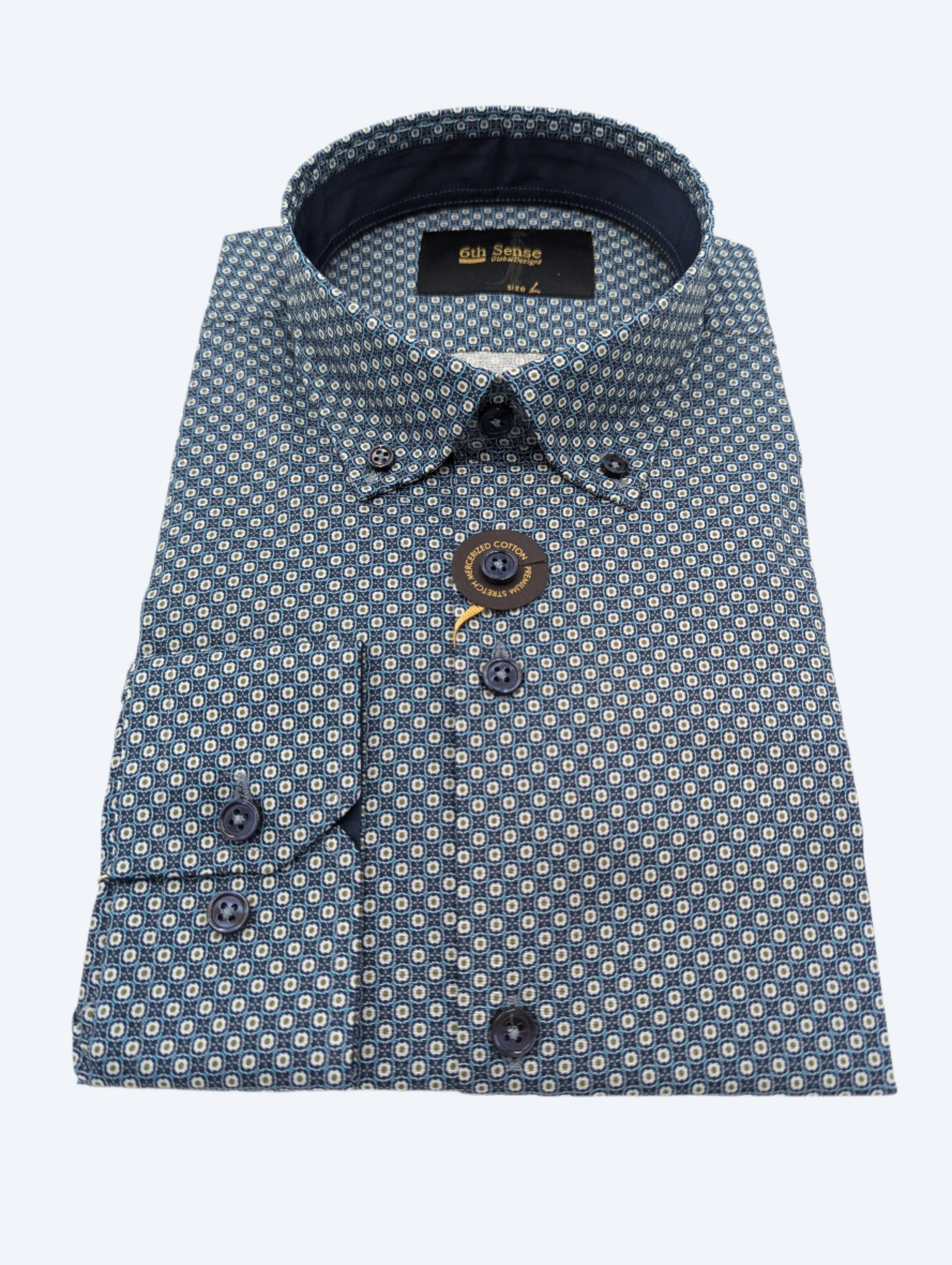 6TH SENSE Button Down Navy Green Dot Shirt Navy model front view
