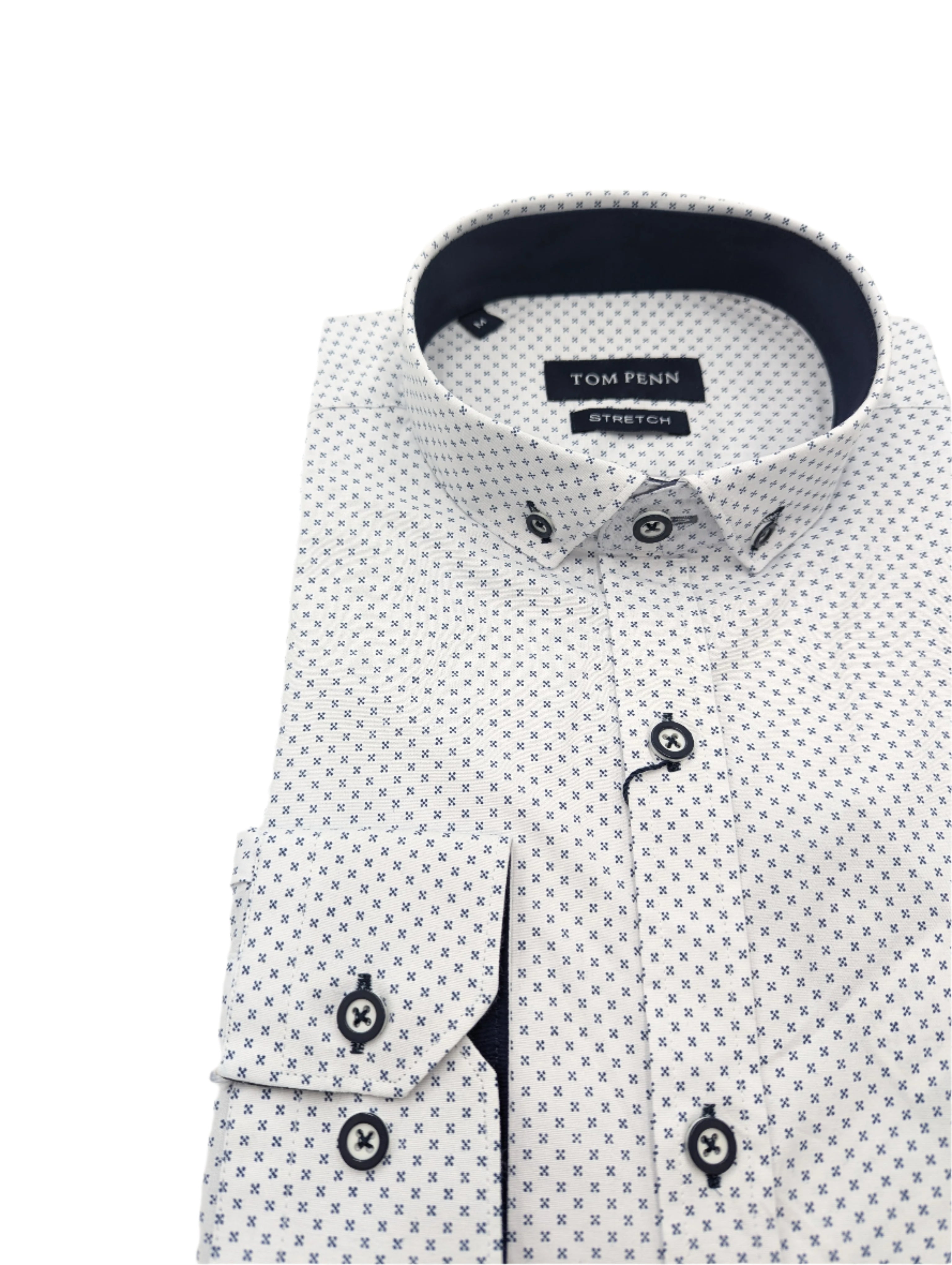 Tom Penn Slim White Navy Pattern Shirt-Close up view