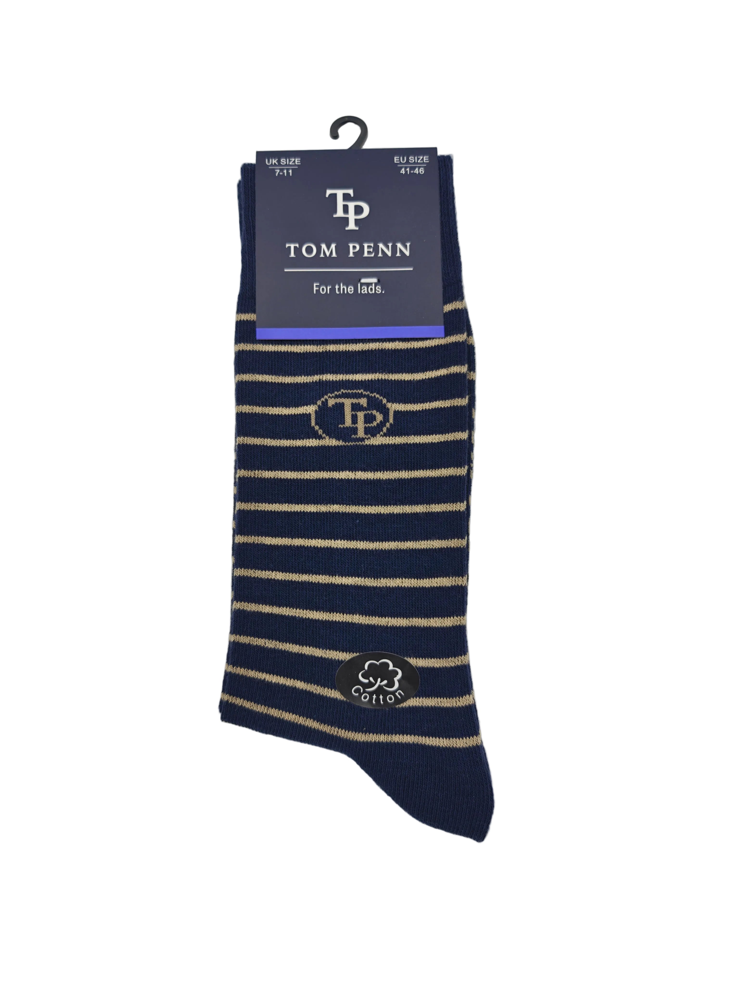 Front view of Tom Penn men’s Navy Tan striped socks with woven TP logo
