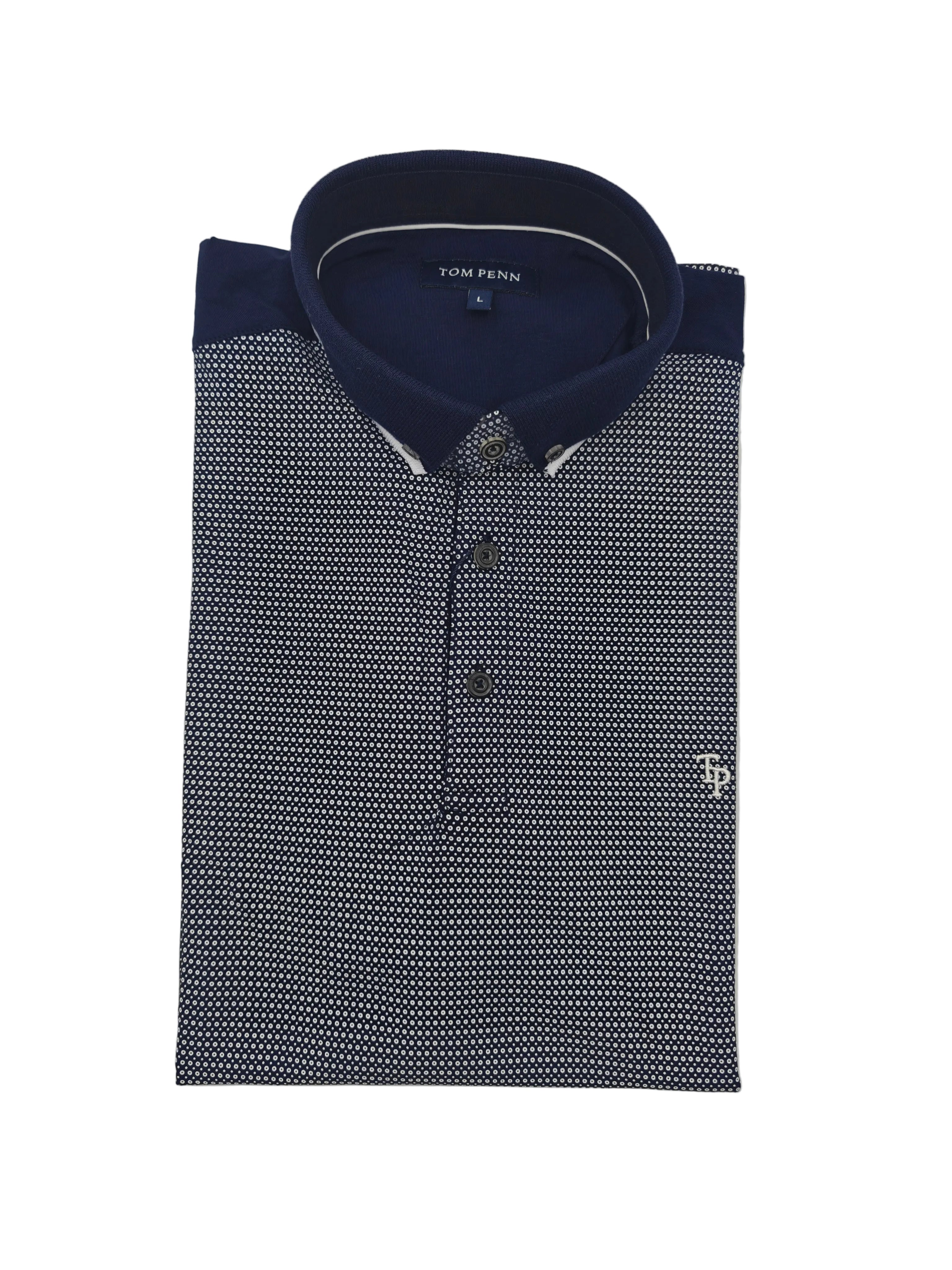 Folded front detail of Tom Penn men’s navy micro-dot polo shirt with button-down collar