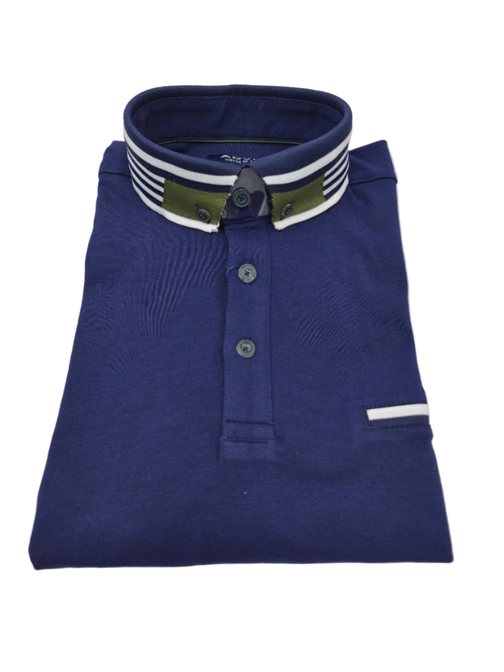 Folded blue polo shirt with a striped collar on a white background