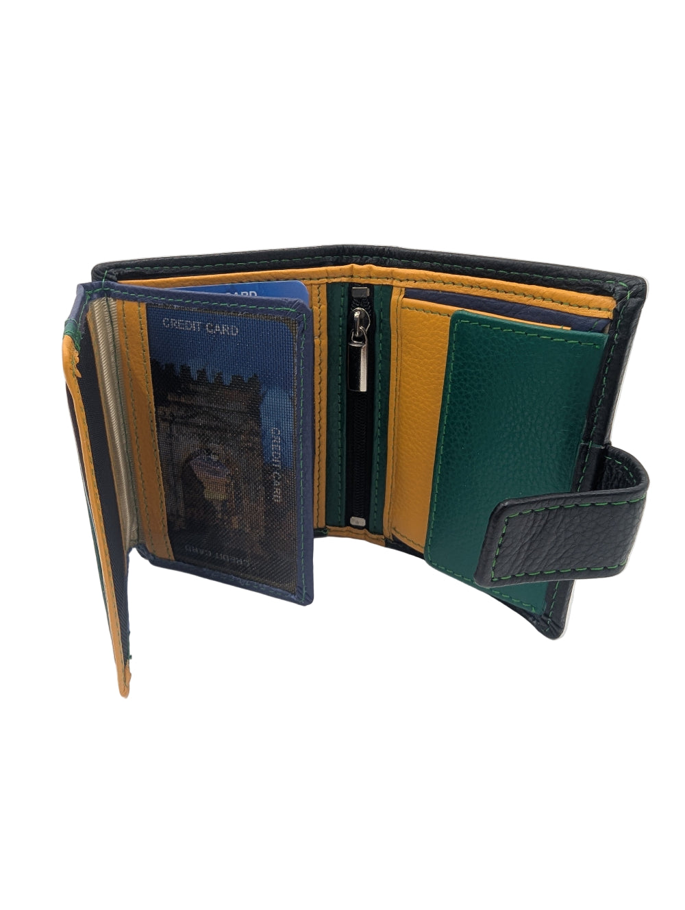 Green and brown leather wallet open on a white background