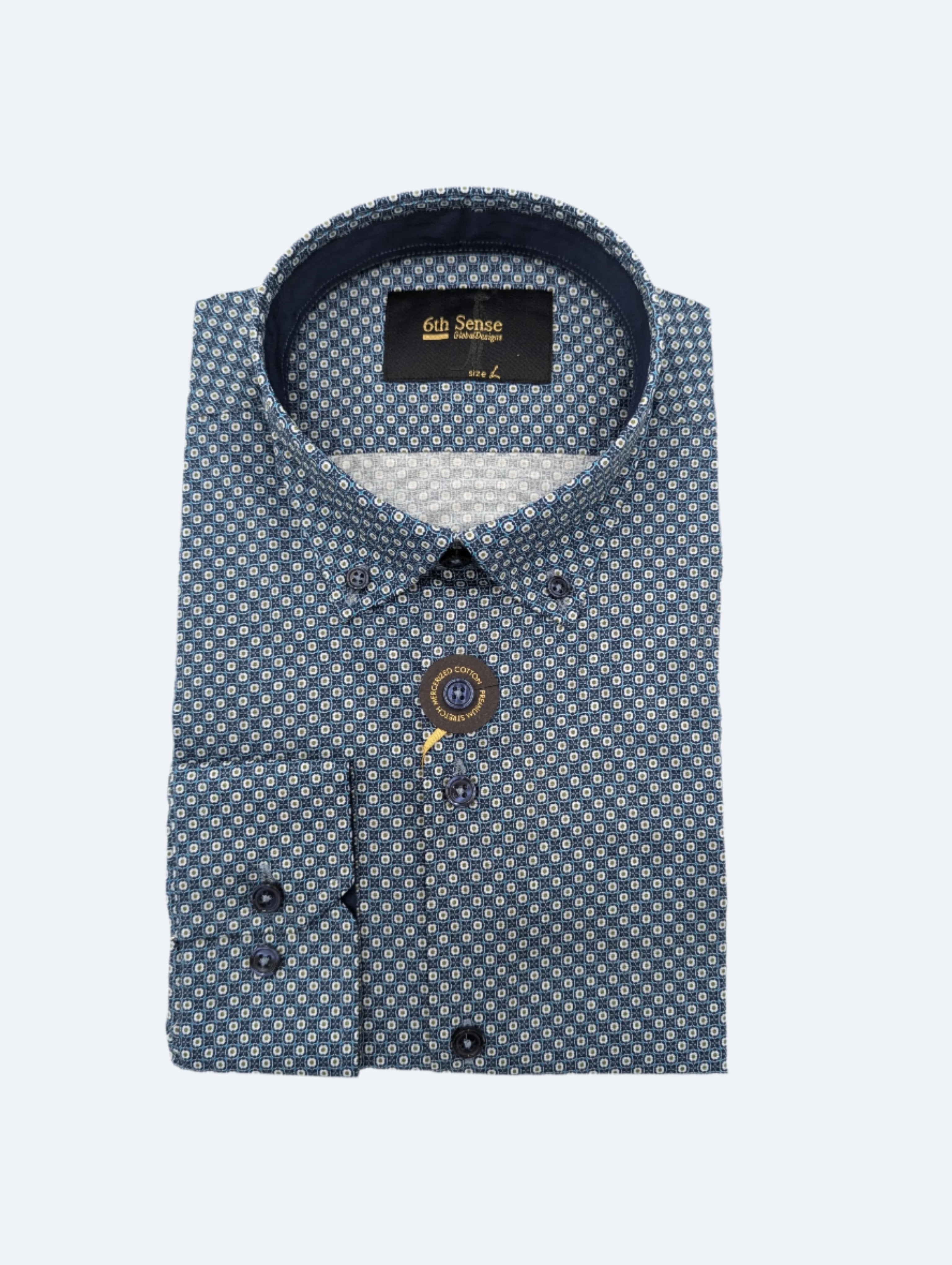 6TH SENSE Button Down Navy Green Dot Shirt Navy front view