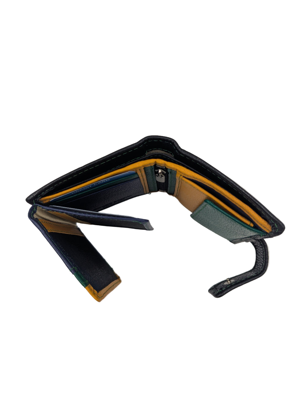 Open black leather wallet with multiple card slots on a white background