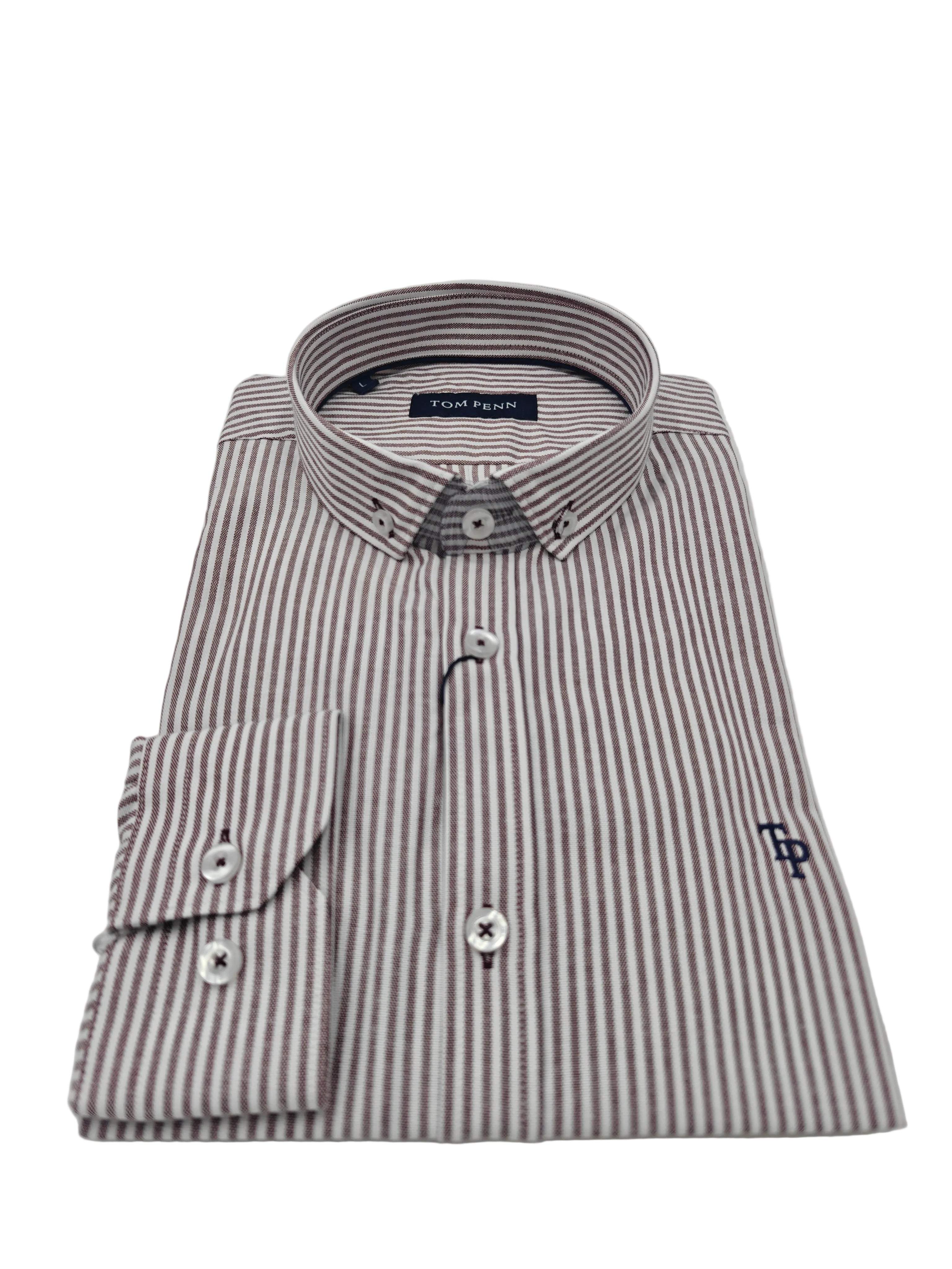 Front detail of Tom Penn men’s burgundy striped shirt with button cuffs and pearlescent buttons
