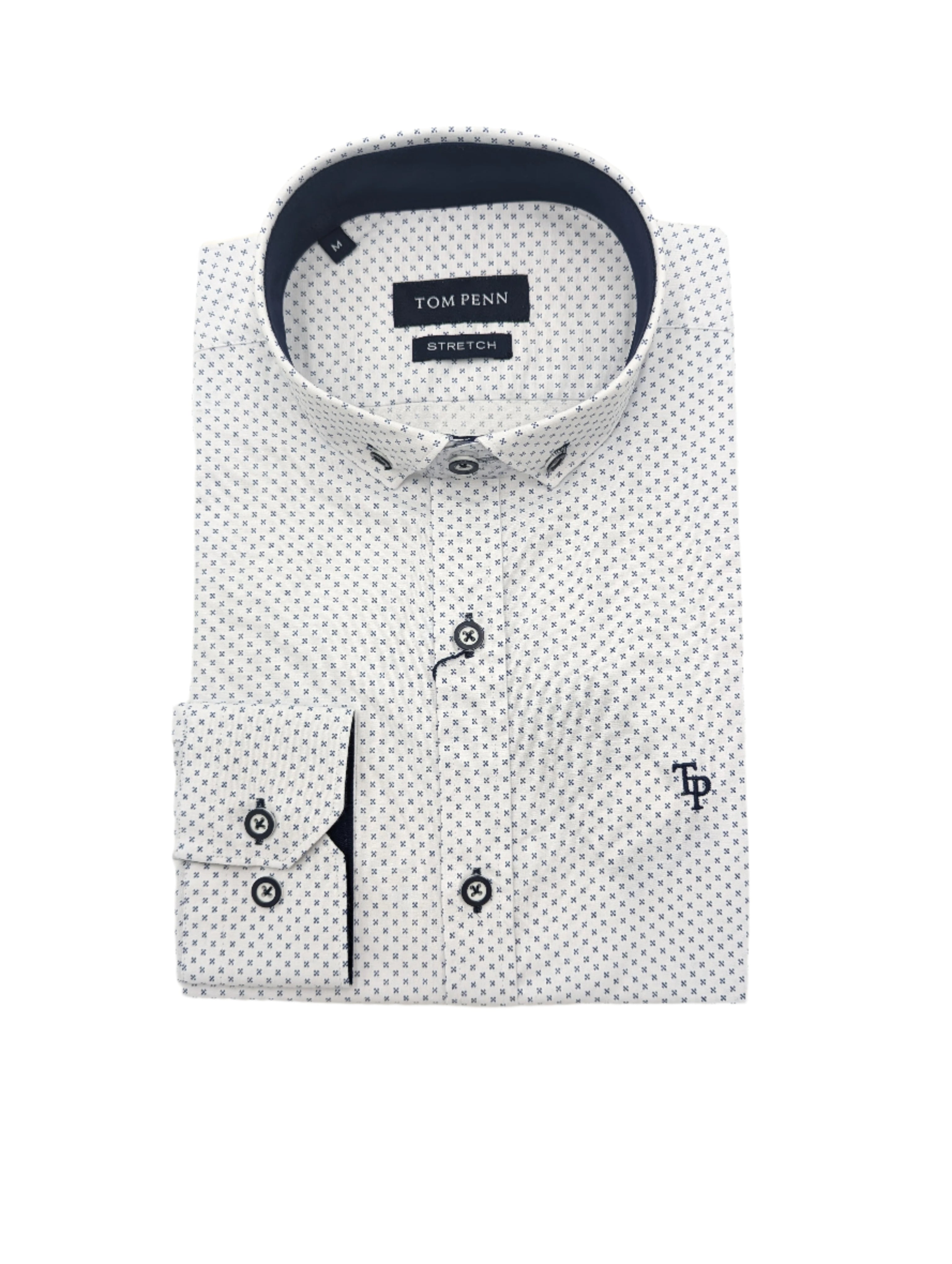 Tom Penn Slim White Navy Pattern Shirt