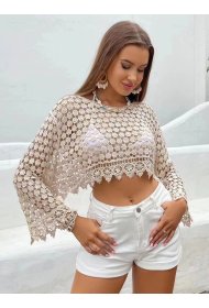 Ladies Beige Lace Long Sleeve Top-Front View