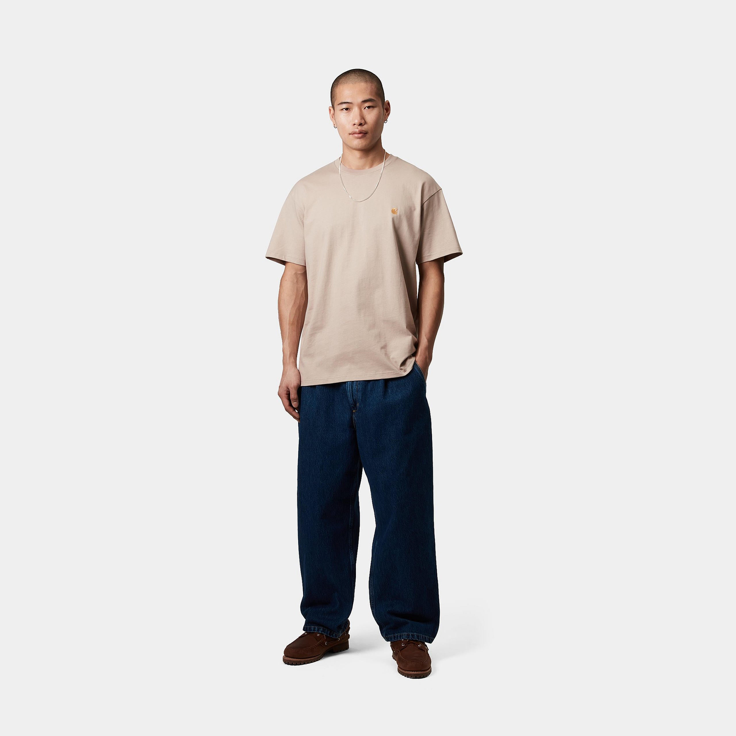 Men's Short Sleeve Chase T-Shirt-Dusky Beige / Gold-Model Full Front View