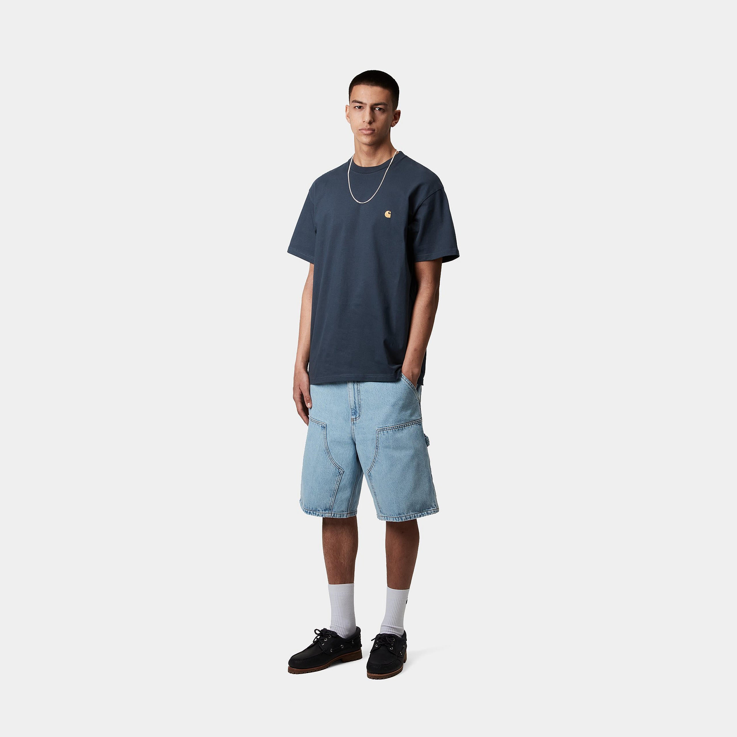Men's Short Sleeve Chase T-Shirt-Dusky Blue / Gold-Model Full Front View