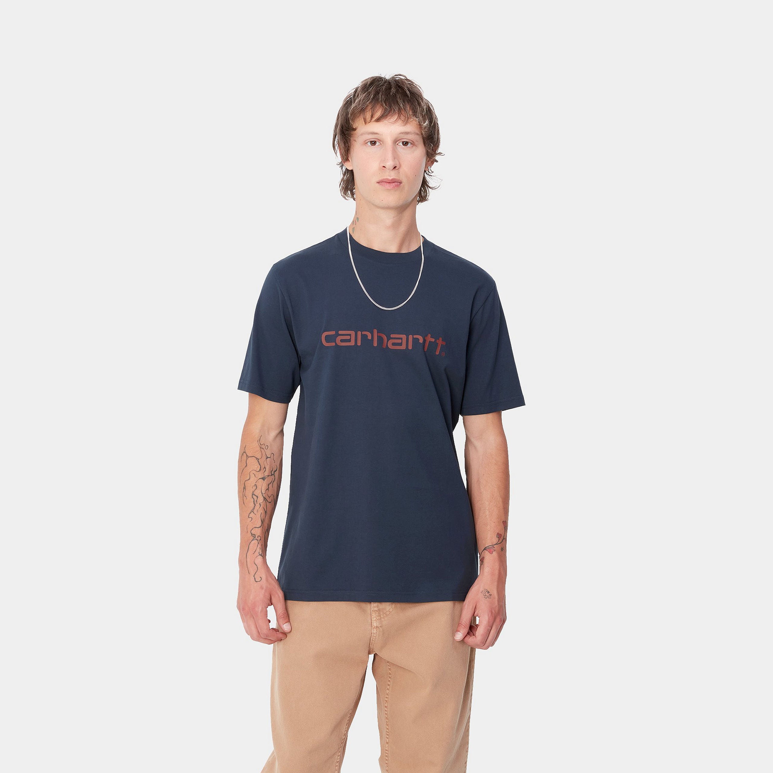 Carhartt WIP Short Sleeve Script T-Shirt-Air Force Blue / Malbec Air Force Blue / Malbec front view