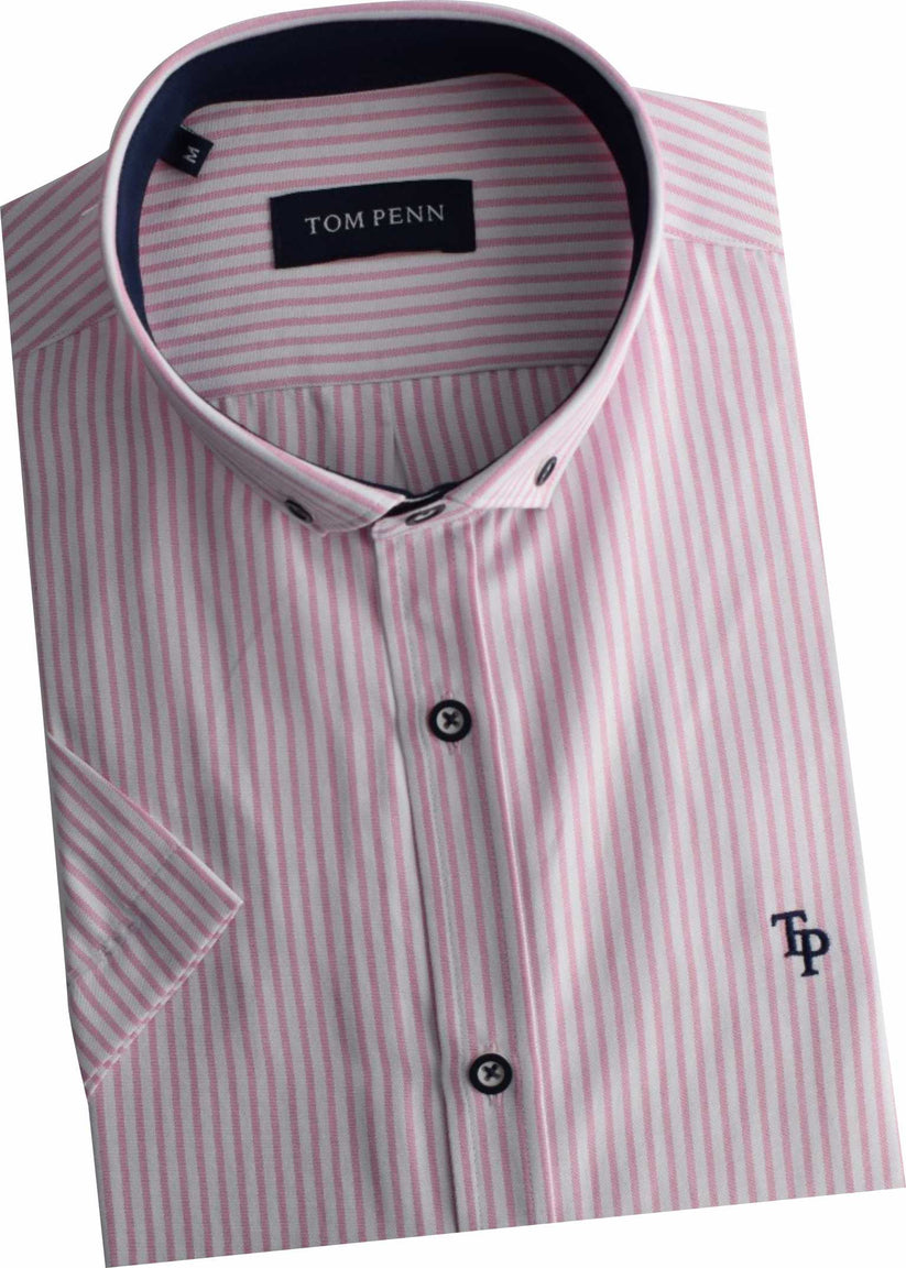 tom penn Tom Penn Pink Stripe Short Sleeve Oxford Shirt Pink model front view