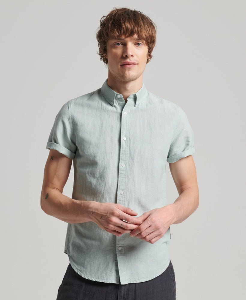 Men's Studios Linen Short Sleeve Blue Surf Shirt-Front View