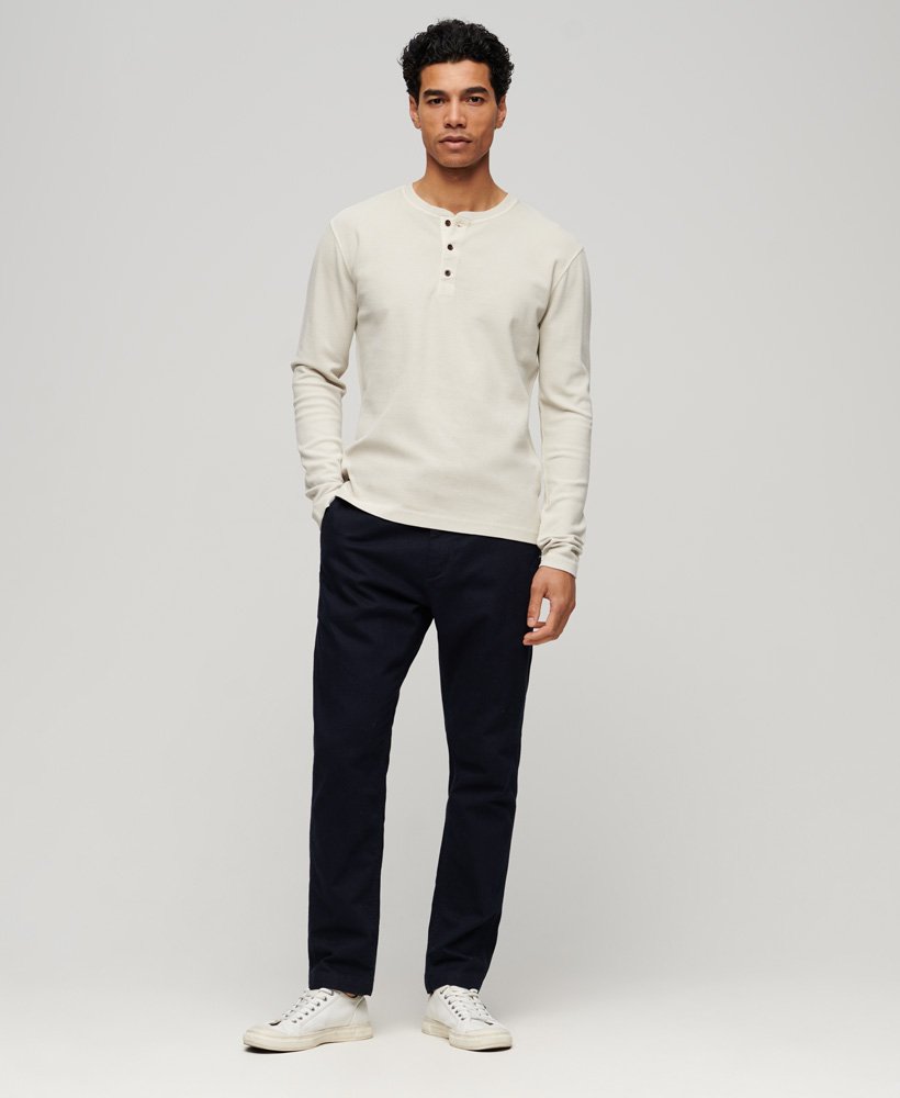 Men's Waffle Long Sleeve Henley Top-Light Stone Beige-Model Full Front View