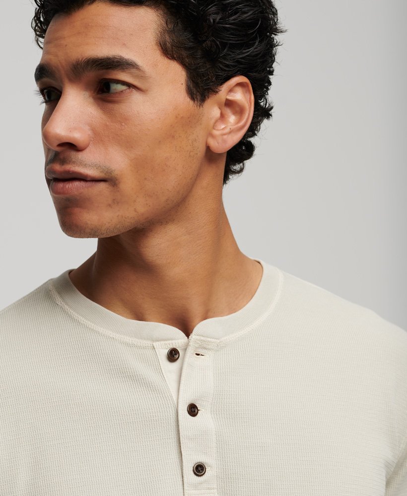 Men's Waffle Long Sleeve Henley Top-Light Stone Beige-Button View