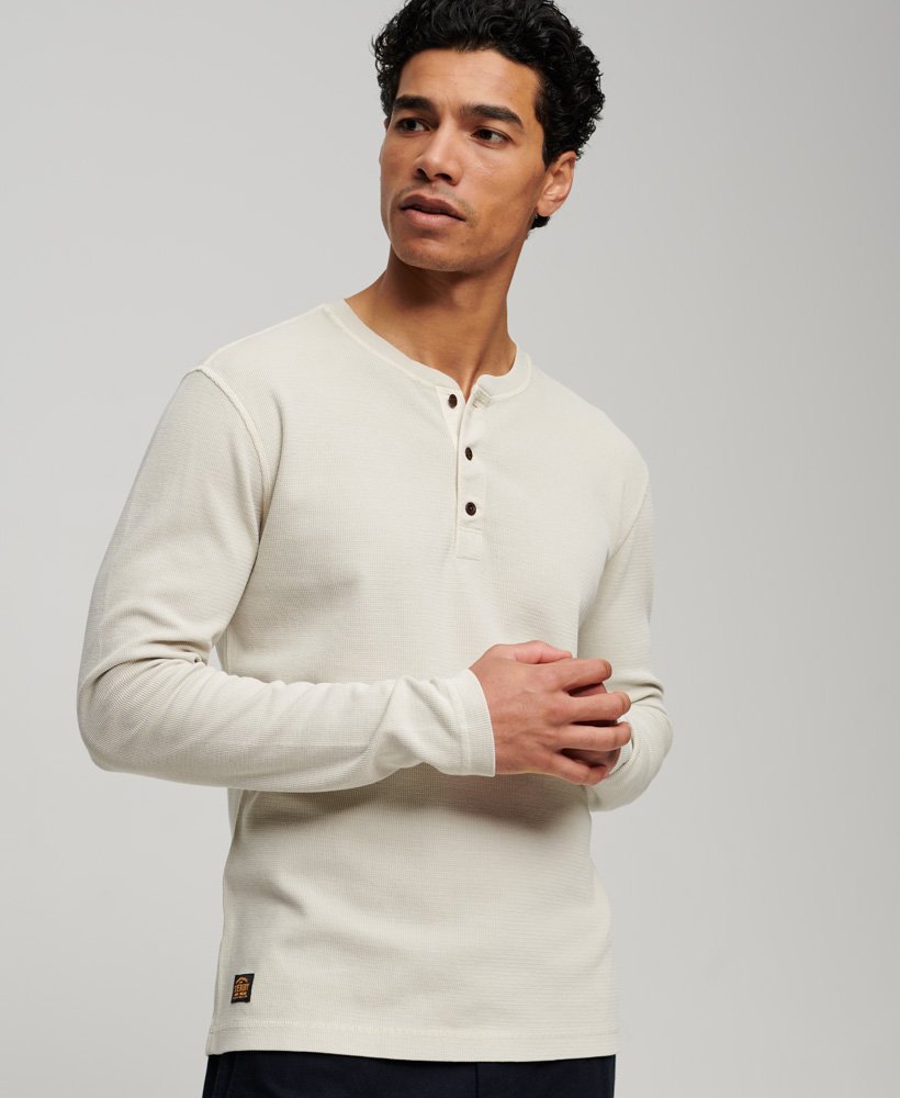 Men's Waffle Long Sleeve Henley Top-Light Stone Beige-Model Front View