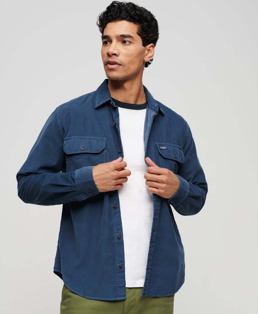 Men's Micro Cord Long Sleeve Shirt-Blue Bottle-Model Front View