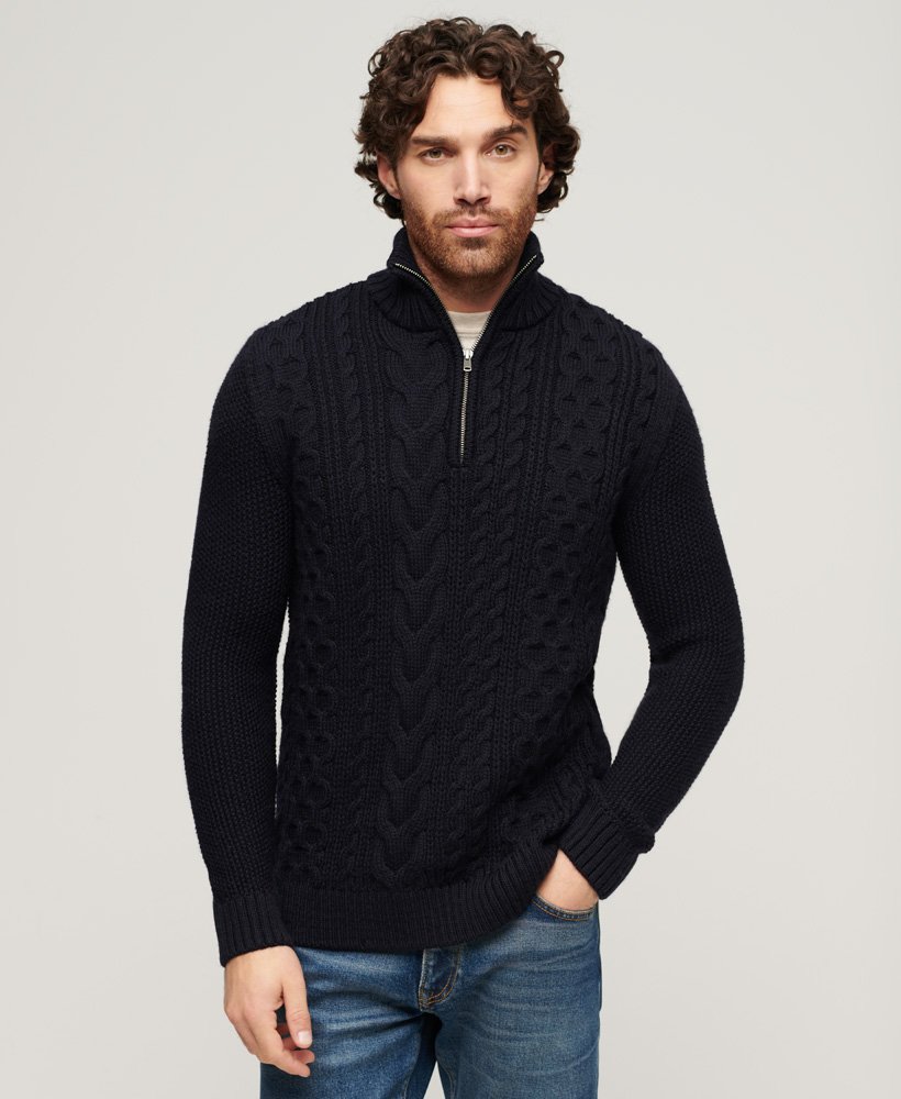 SUPERDRY Jacob Cable Knit Half Zip-Eclipse Navy Eclipse Navy front view
