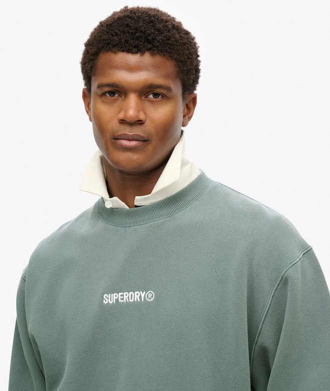 Micro Logo Graphic Loose Crew Sweatshirt-Stormy Weather Blue-Close up