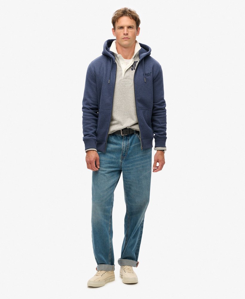 Essential Logo Zip Hoodie-Heritage Navy Marl-Full model view