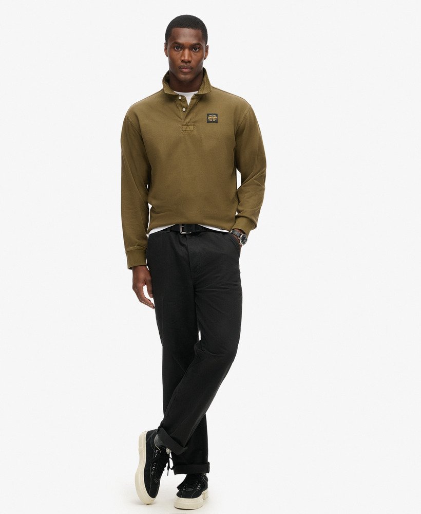 SUPERDRY Contrast Stitch L/s Dark Green Rugby Top Washed Beach Dark Green model front view