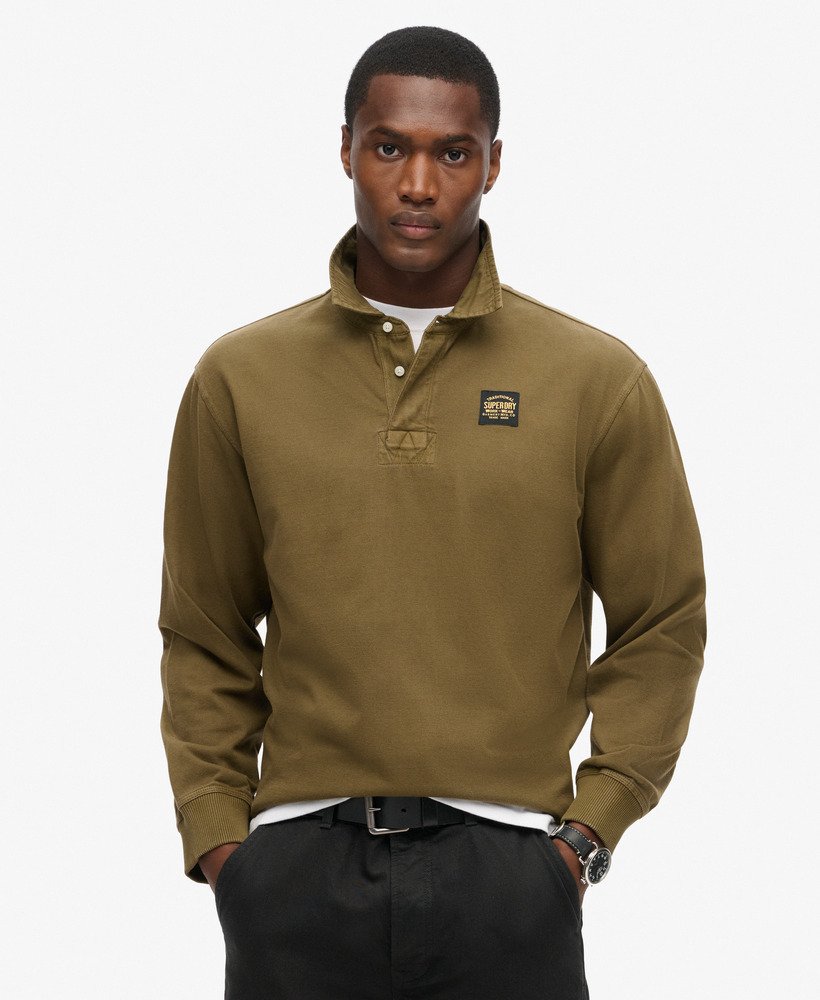SUPERDRY Contrast Stitch L/s Dark Green Rugby Top Washed Beach Dark Green front view