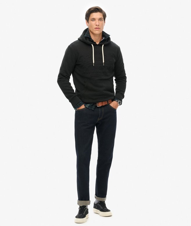 Embossed Vintage Logo Graphic Hoodie-Jet Black-Full model view