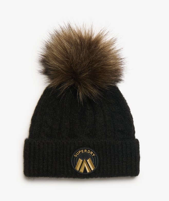 Superdry Ladies Cable Luxe Knit Beanie Hat-Black Black front view