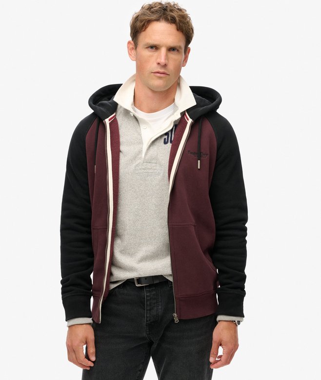 SUPERDRY Essential Baseball Ziphood- Burgundy/Black Rich Deep Burgundy/Black front view