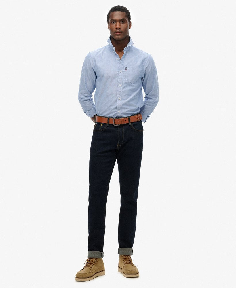 SUPERDRY Essentials Oxford Azure Blue Shirt AZURE BLUE CHAMBRAY OXFORD model front view