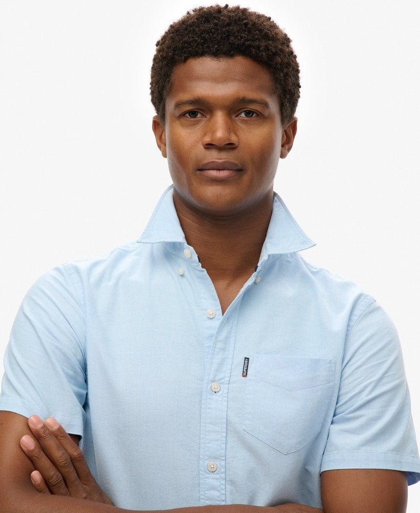 Men's Oxford Short Sleeve Shirt-Classic Blue-Close Up View
