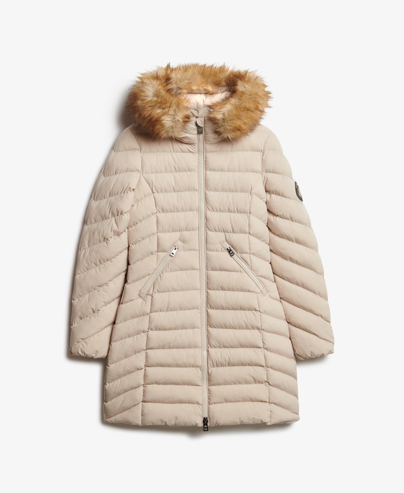 Superdry Ladies Fuji Faux Fur Hood Mid Length Puffer-Chateau Grey Chateau Grey full front view
