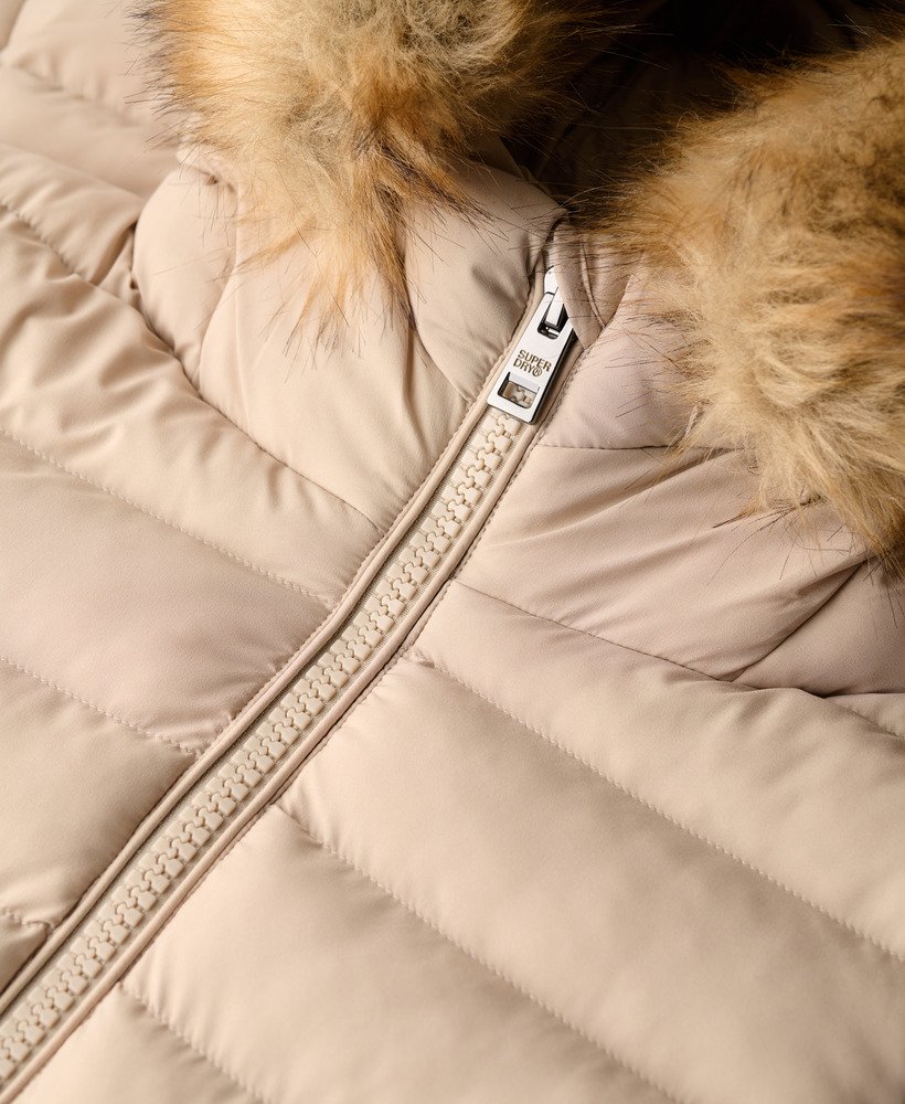 Superdry Ladies Fuji Faux Fur Hood Mid Length Puffer-Chateau Grey Chateau Grey model back view