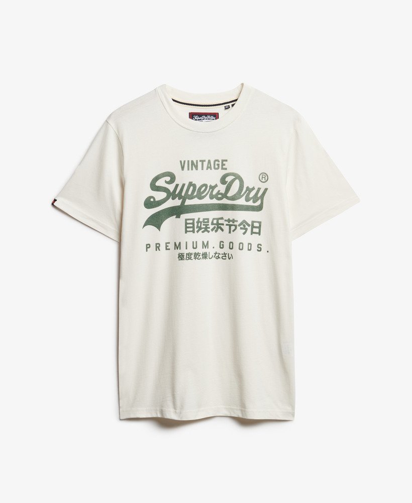 White t-shirt with green text and 'SuperDry' logo on a white background