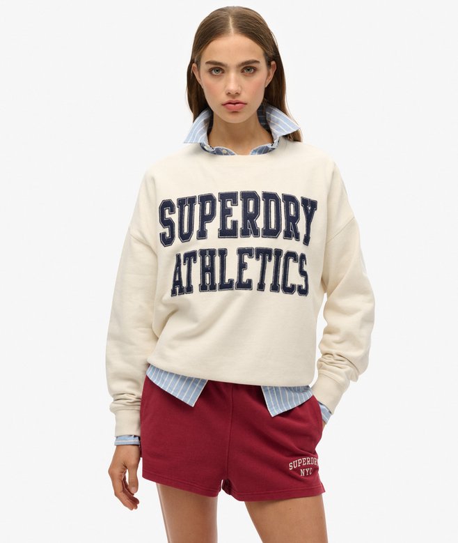 Superdry Ladies Athletic Essentials Relaxed Applique Off White Sweatshirt Desert Bone Off White front view
