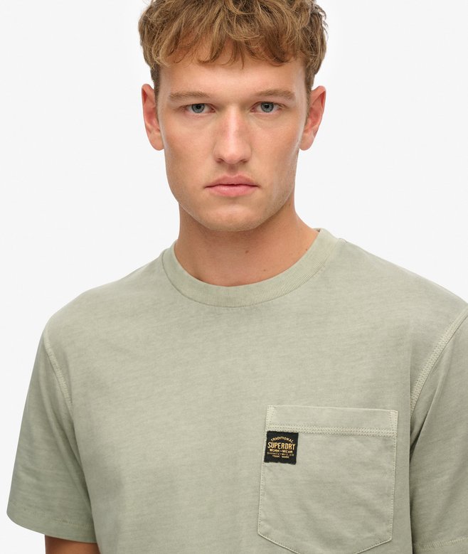 Contrast Stitch Pocket Washed Sage Green T-shirt-Front view